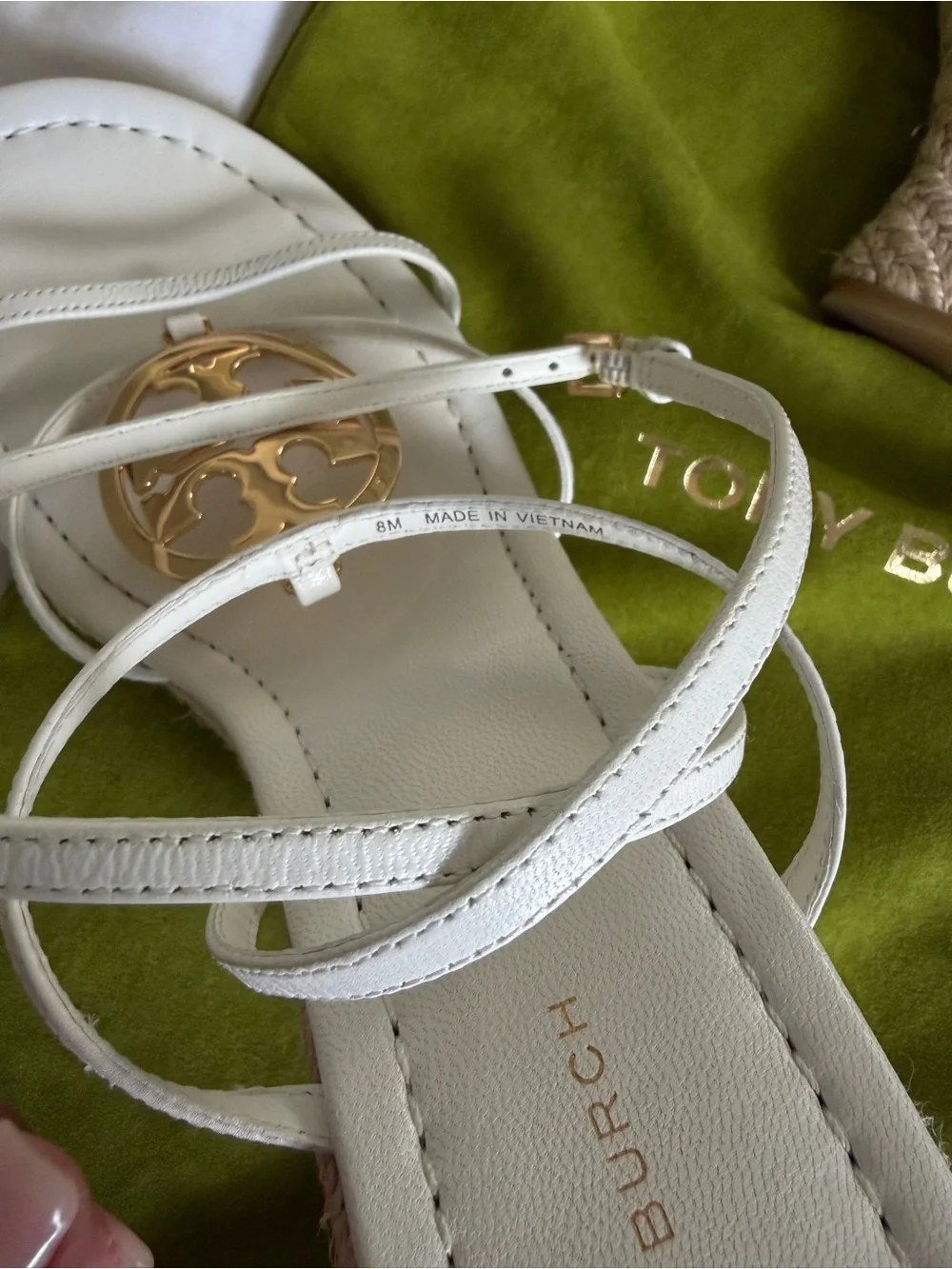 Tory Burch White Leather Strappy Sandals with Gold Logo Accent
